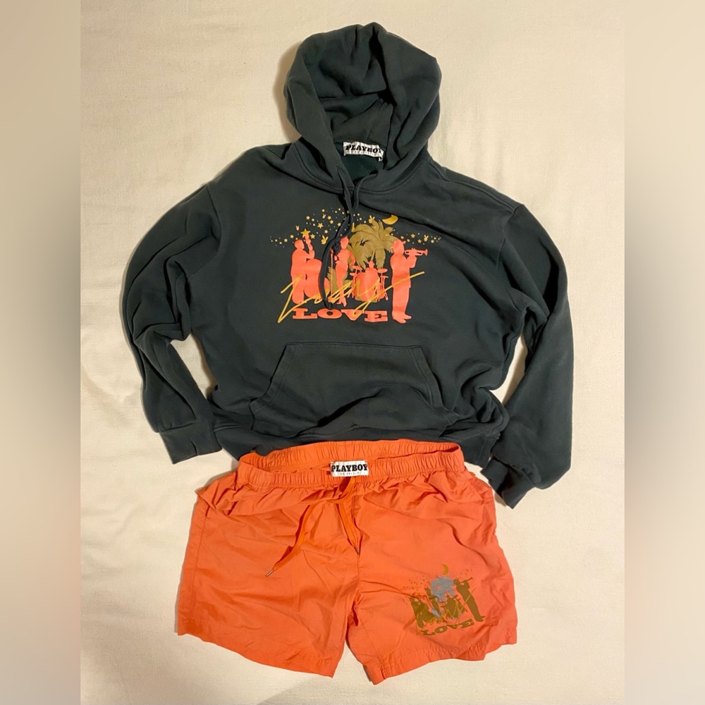 Pacsun Playboy swim trunk and hoody set size large. Green top orange bottom